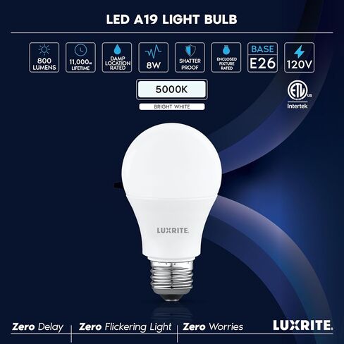 Luxrite A19 مصباح LED LED 60 واط مكافئ ، 5000K أبيض ساطع ، 800 لتر ، غير قابل للاحتفال ، مصابيح LED قياسية ، 8W ، قاعدة E26 ، مصنفة المغلقة ، مصنفة رطبة ، مدرجة ETL (16 حزمة) in Kuwait