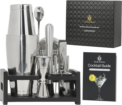 Hawke & Hanley Premium Boston Cocktail Shaker Set Bartender Kit - 12 Piece Mixology Bar Set with Weighted Boston Shaker, Bar Tools and a Black Bamboo Stand | Housewarming Gift Ideas in Saudi Arabia