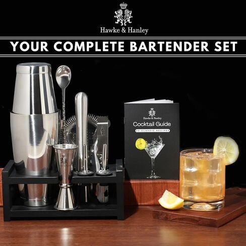Hawke & Hanley Premium Boston Cocktail Shaker Set Bartender Kit - 12 Piece Mixology Bar Set with Weighted Boston Shaker, Bar Tools and a Black Bamboo Stand | Housewarming Gift Ideas in Saudi Arabia