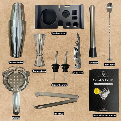 Hawke & Hanley Premium Boston Cocktail Shaker Set Bartender Kit - 12 Piece Mixology Bar Set with Weighted Boston Shaker, Bar Tools and a Black Bamboo Stand | Housewarming Gift Ideas in Saudi Arabia