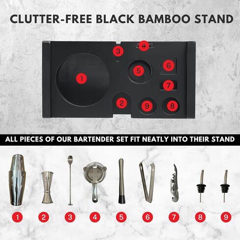 Hawke & Hanley Premium Boston Cocktail Shaker Set Bartender Kit - 12 Piece Mixology Bar Set with Weighted Boston Shaker, Bar Tools and a Black Bamboo Stand | Housewarming Gift Ideas in Saudi Arabia