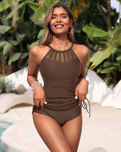 Womens Swim Dress One Piece - Swimsuit with Skirt Tummy Control Bathing Suit High Neck Mesh Swimwear 2025 in Kuwait