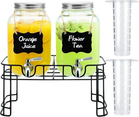 1 Gallon Glass Drink Dispensers for Parties, 2PACK Beverage Dispenser with Stand, Ice Cylinder and Stainless Steel Spigot 100% Leakproof, Beverage Dispenser for Lemonade Sun Tea in Saudi Arabia