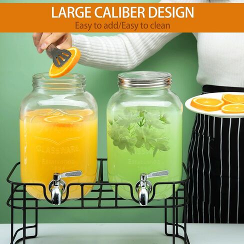 1 Gallon Glass Drink Dispensers for Parties, 2PACK Beverage Dispenser with Stand, Ice Cylinder and Stainless Steel Spigot 100% Leakproof, Beverage Dispenser for Lemonade Sun Tea in Saudi Arabia