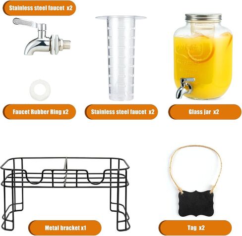 1 Gallon Glass Drink Dispensers for Parties, 2PACK Beverage Dispenser with Stand, Ice Cylinder and Stainless Steel Spigot 100% Leakproof, Beverage Dispenser for Lemonade Sun Tea in Saudi Arabia