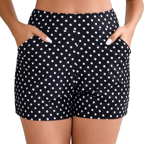 Halcurt Women's High Waisted Swim Board Short with Pocket Built in Brief Quick Dry Swimsuit Bottoms in Kuwait