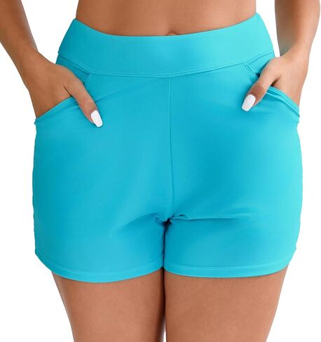 Halcurt Women's High Waisted Swim Board Short with Pocket Built in Brief Quick Dry Swimsuit Bottoms in Kuwait