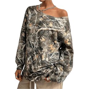 قميص y2k camo للسيدات رسومات استوائية قبالة قميص البلوز الكثيف كبير الحجم