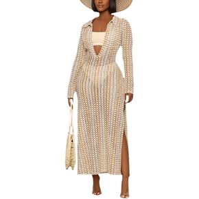 YouSexy Women's Sexy Swimsuit Maxi Dress Long Sleeve Hollow Out Long Beach Cover Up Dress