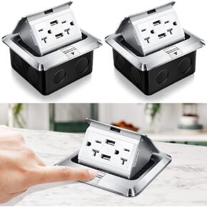 Hoolerry 2 Pack Pop up Floor Electrical Outlet Cover Box Kit with 4.8A USB Charger 20Amp Waterproof Weatherproof Floor Tamper Resistant Outlet Receptacle for Countertop Home (Silver)