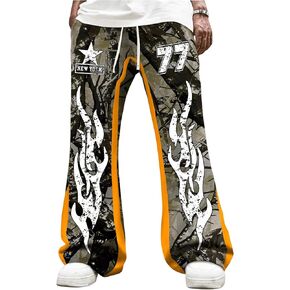 GORGLITTER Men's Camo Letter Graphic Sweatpants Color Block Drawstring Waist Y2K Casual Flared Pants
