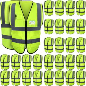 Leumoi 30 Pack Reflective Safety Vest with Pockets and Zipper High Visibility Vest for Women Men Work