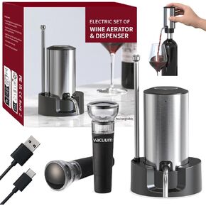 Rechargeable Electric Wine Aerator and Dispenser Set, with 2 Vacuum Wine Stoppers, Charging Base, Stainless Steel, USB Charge Wine Pourer