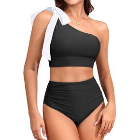 Tempt Me Women High Waisted Bikini Sets - Two Piece Swimsuits One Shoulder Bathing Suit with Full Coverage Bottom