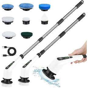 Electric Spin Scrubber, Cordless Cleaning Brush with 54" Adjustable Long Handle and 8 Replaceable Brush Heads, 2 Rotating Speed Shower Scrubber for Bathroom Tub, Floor, Tile, Kitchen, Car Wash