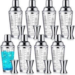 Roshtia 16 Pcs Glass Cocktail Shaker Set Martini Shaker Bulk 14 oz Clear Shaker Cup with Stainless Steel Measuring Jigger Cocktail Mixer Set Bartending Mix Drink Shaker Kit for Bar Party Home