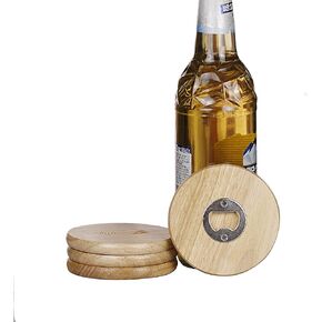 3in 1 Bottle Opener Coaster and Magnet Set of 4 Oak 10cm x 10cm