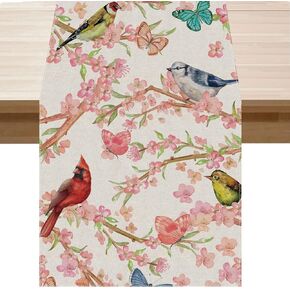 Bardinal Bird Pink Flowers Peach Blossom Butterfly Spring Table Runner Summer Seasons Burlap Table Decoration for Home Kitchen Dining Dinner Indoor Holiday Farmhouse Decor 13x90 Inch