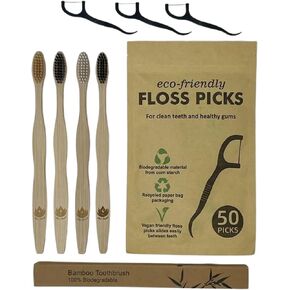 Sofi's Cute Corner Bamboo Toothbrushes, Soft Charcoal Bristles 4 Pcs. Eco Friendly Dental Floss Pick, Charcoal Thread Flosser 50 Ct, Sustainable - Vegan Oral Care Kit