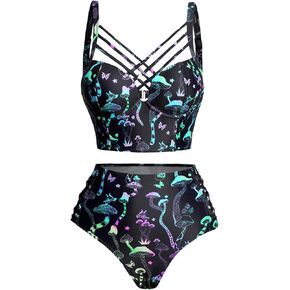 DRESSFO Gothic Galaxy Skull Print Bikini Set Retro Vintage Tummy Control Two Piece Tankini