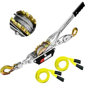 Come Along Winch 2-Ton (4400 Lbs) Pulling Capacity with Two 1" x8FT Lifting Sling Heavy Duty Power Cable Come Along Tool with Dual Gears 7 Ft 2 Hooks Cable Winch Puller for Recovery Gear