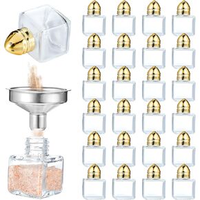 24 Pcs 0.5 oz Cube Shape Small Salt and Pepper Shakers with Tone Tops Clear Mini Glass Seasoning Jars Spice Salt Shakers with Funnel for Wedding Party Home Restaurant Kitchen