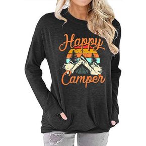 Fuyxxmer Happy Camper Sweatshirt Women Vintage Mountain Graphic Tee Long Sleeve Pullover Blouses Top Shirts with Pockets