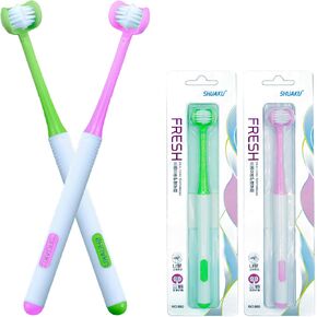 3 Sided Autism Toothbrush 360° Oral Teeth Cleaning Design U-Shaped Toothbrush 2 PCS Adult Soft Bristles Soft and Gentle for Complete Tooth and Gum Care (Green+Pink)