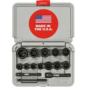 ARES 29023 – 15-Piece Damaged Bolt Extractor Socket Set – 1/4-Inch Drive and 3/8-Inch Drive Sockets - SAE and Metric – Includes 12 Impact Grade Sockets – Turbo Socket – Made in USA