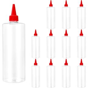 12 PCS 16 oz Plastic Squeeze Bottles, Small Ketchup Bottles Squeeze with Twist Top Cap, Round Clear Condiment Squeeze Bottles for Ketchup Sauces