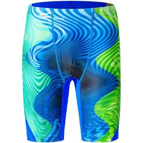 Boys Swim Jammers - Youth Competitive Swim Racing Team Swimming Shorts Swimsuit UPF 50+(Green/Blue,XS)