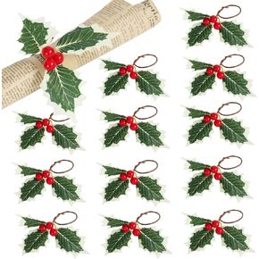 mdgfge Christmas Holly Napkin Rings Set of 12 Rustic Red Berry Green Holly Leaves Napkin Ring Holders Farmhouse Holly Napkin Ring for Xmas Dining Family Party Wedding Table Decoration Supplies