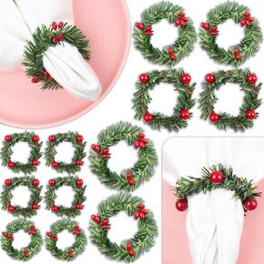 Red Christmas Napkin Rings Set of 12, Handmade Berry Pine Needles Candle Rings Dinnerware Set Napkin Holders for Cloth Napkins Table Decorations for Wedding New Year Dinner Birthday Party