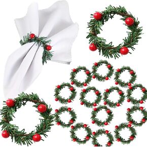 15pcs Red Pinecone Christmas Napkin Rings Needles Vine Ring Red Berries Rattan Wreath Table Decoration for Gathering Wedding Thanksgiving Valentine's Birthday Party