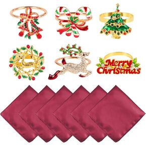 12 Pcs Christmas Napkin Rings and Napkins Set, 6 Pcs Christmas Themed Tree Wreath Bell Napkin Holder Rings and 6 Pcs Red Cloth Napkins for Christmas Party Dinning Table Decor