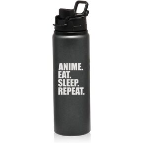 MIP Brand 25 oz Aluminum Sports Water Travel Bottle Anime Eat Sleep Repeat (Charcoal)