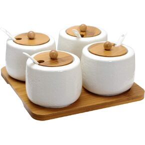 Elama Spice, Jam, Salsa, and Seasoning Ceramic Condiment Serving Jars, 13 Piece, Short Round in White and Natural Bamboo