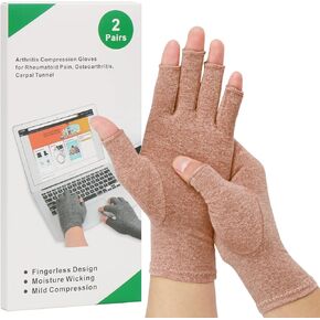 2-Pair Arthritis Compression Gloves for Alleviate Rheumatoid Osteoarthritis, Carpal Tunnel Raynauds Disease, Fingerless Design Breathable & Moisture, Women and Men (Coffee, Medium)