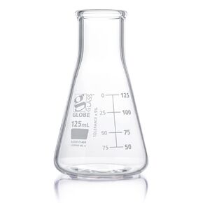 Erlenmeyer Flask, Globe Glass, 125mL, Wide Mouth, Dual Graduations, 3.3 Borosilicate Glass, ASTM E1404, 12/Box