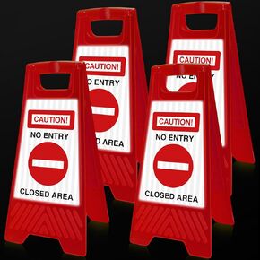 Fuutreo 4 Pcs Reflective No Entry Sign 24 Inch Portable Handle Standing Closed Area Warning Sign Collapsible Two Sided Caution No Entry Sign for Indoor Outdoor Commercial Street Public Areas (Red)