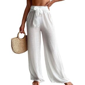 COZYEASE Women's Beach Cover Up Pants Mesh Tie Front Wide Leg Loose Bathing Suit Cover Up Beach Pants