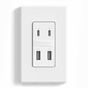 ELEGRP USB Wall Outlet, 42W Fast Charge & Power Delivery 4-Ports USB Charger, Wall Outlet with 4 USB Ports, UL/CUL Listed, Wall Plate Included, 1 Pack, Matte White