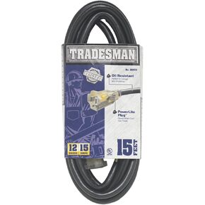 Woods Heavy Duty Extension Cords, 15Ft, 12 Gauge, 3 Conductor, Lighted End, Indoor/Outdoor Cord, SJTOW, Black, 32472