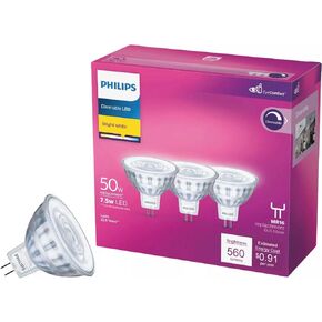 PHILIPS MR16 GU5.3 LED Floodlight 50W Equivalent, Dimmable, Bright White 3000k- 3 Pack
