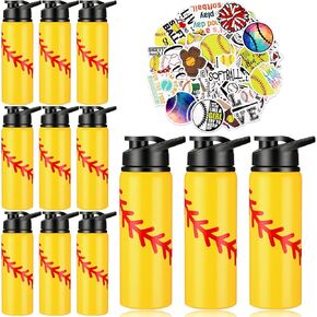 Gerrii 12 Pcs Water Bottles Water Bottles Bulk 20 oz Snap Lid Reusable Bottles 100 Pcs Stickers Helmet Award Decals Gift Stuff(Stainless Steel, Softball Style)