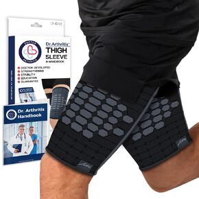 Dr. Arthritis Thigh Compression Sleeve, Non-Slip Thigh Wrap & Hamstring Brace, Comfy Groin Compression Wrap for Workout & Muscle Recovery, Hamstring Compression Sleeve for Men & Women (1 PR, MED, BLK)