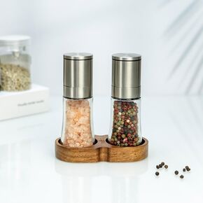 Stainless Steel Top 80ml Refillable Glass Bottle Salt and Pepper Manual Grinder Mill Set with Wooden Base