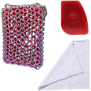 Cast Iron Skillet Cleaner, 316 Chainmail Scrubber Built-in Silicone Cast Iron Cleaner for Cast Iron Grill Pan Skillet Wok Bakeware Easy to Use Dishwasher Safe, Scrubber + Scraper + Towel