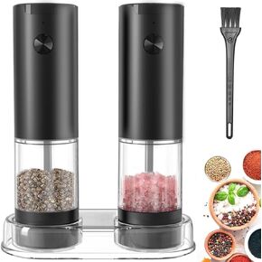 Electric Pepper and Salt Grinder Set （2 Pack Black/Black） Adjustable Coarseness Salt & Pepper Mill,With LED Light,Easy to Clean,Battery Powered, One Handed Operation, Kitchen Essential