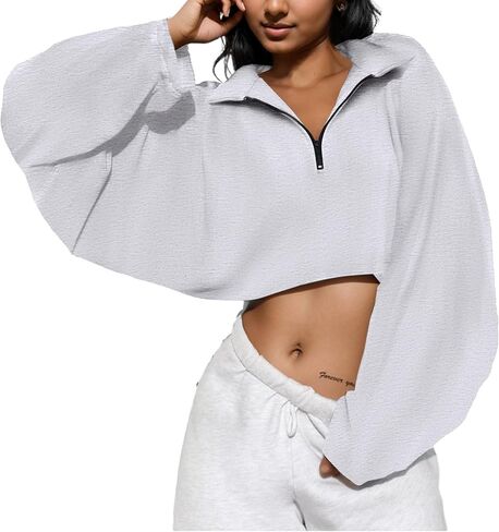 LovelyWholesale Women Cropped Oversized Sweatshirt Half Zip Pullover Collared Long Sleeve Crop Top in Saudi Arabia